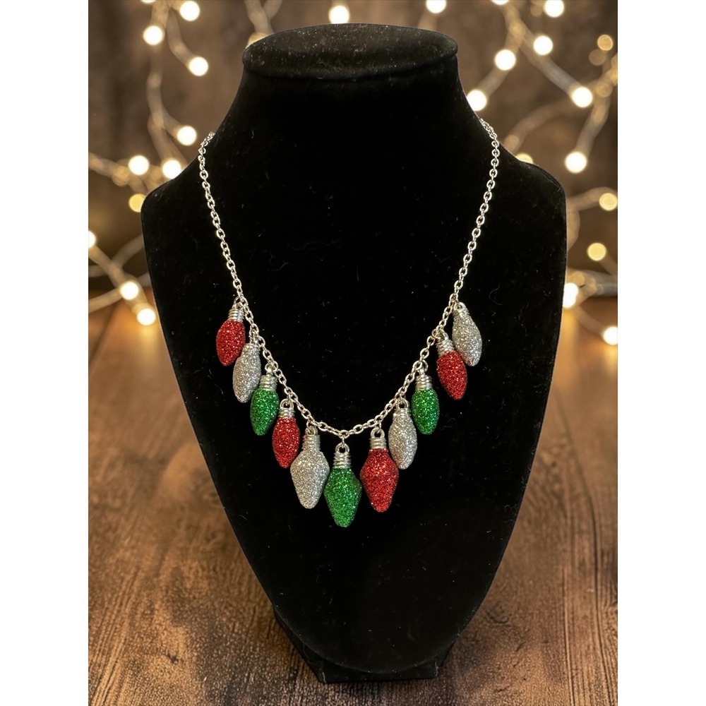 Claire's Christmas Light Bulb 16" Necklace Red Green Silver Sparkle